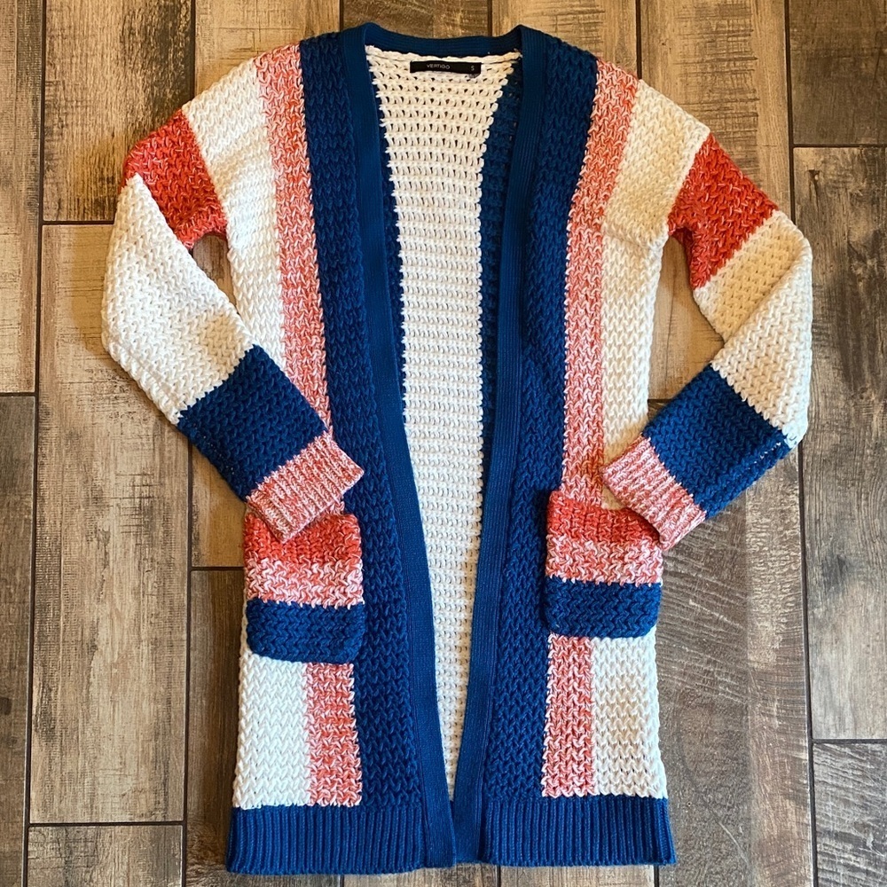 Vertigo Big Knit Striped Open-Front Cardigan Sweater